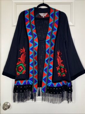 Black Boho Embroidered Fringe Cardigan